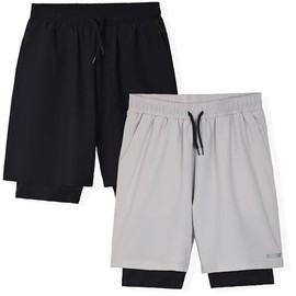 Hind Boys Active Shorts 2 in 1 Athletic Shorts with Compression Lining Woven Running Shorts for Boys Light Grey-Black