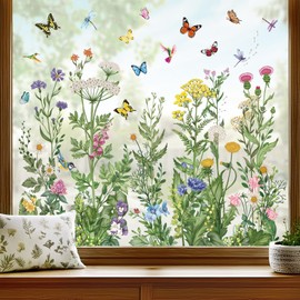 wondever Window Sticker Spring Wildflowers Window Sticker Vintage Flowers Grass Butterfly Window Stickers Anti-Collision Double-Sided Glass Sticker Glass Decoration