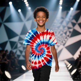 DNXFUHR Kids Red Blue White Tie Dye Shirt for Boys' Girls' Youth Hippies Senior Tie-Dye T-Shirt Outfit Tee Clothes Large
