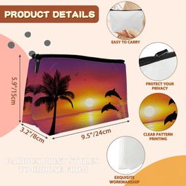 BUYIDUI Dolphins Jumping and Palm Tree Sunset Makeup Bag Cosmetic Bag for Women Girls,Portable Makeup Bags Travel Toiletry Bag Organizer