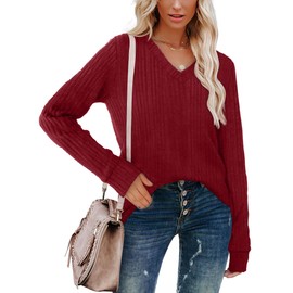 SAMPEEL V Neck Sweaters Woman Long Sleeve Fall Shirts Basic Pajamas Tops Trendy Valentine's Day Outfits Burgundy XL