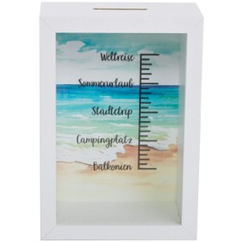 Brandsseller money box, money can, picture frame design with window and scale motifs, millionaire, world travel