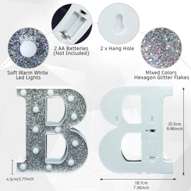 KANLONG LED Marquee Light Up Letters, 26 Alphabet Lighted Letter and 10 Number, Battery Powered Night Light for Room Decor, Home Birthday Wedding Bar Party Decoration, Shiny Silver Diamond (Letter B)