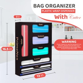 PrimeNex Ziplock Bag organizer, Ziplock Foil and Plastic Wrap Dispenser with Cutter, 6 in 1 Bamboo Kitchen Drawer Plastic Bag Food Baggie Organizer for Gallon, Quart, Sandwich, Snack (Black)