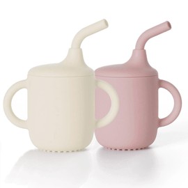ZVXCABV 2 Piezas Vaso Entrenador Bebe 120ml, Silicona de Calidad Alimentari， SIlicón 100 grado alimenticio,Vaso con Popote para Bebe,a prueba de fugas y derrames（Silicona,Beige + Rosa）