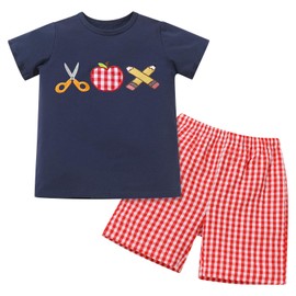 IMEKIS Back to School Outfits for Boy: First Day of School Outfit Boys Kindergarten Apple Shirt Top with Shorts Matching Sets Picture Day Outfits for School Toddler Kids Preschool Navy Blue 5-6 Years