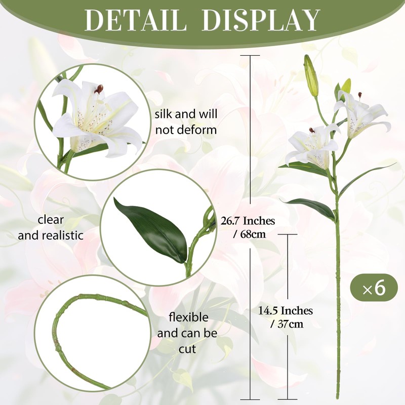 68cm Long Stem White Lilies Artificial Flowers 6PCS Real Touch