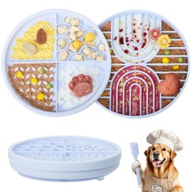 2 in 1 Slow Feeder Dog Bowls with Suction Cups,Silicone Lick Mat for Dogs,DIY Wet or Dry Food,Dishwasher Safe,Blue,UU Bowl,Divided Lick Pad
