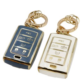 CHQLPBF 2pcs Key Fob Cover with Metal Keychain Compatible with 2022-2024 Jeep Grand Wagoneer Soft TPU Protection Case Shell (6-Buttons White Gray)