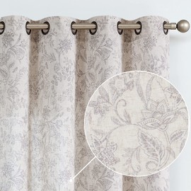 Lazzzy Linen Farmhouse Curtains for Living Room 63 Inch Length Floral Print Window Curtains Semi Sheer Drapes for Bedroom Country Light Filtering Curtain Grommet Top 2 Panels Purple Grey on Beige
