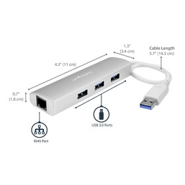 StarTech.com 3-Port USB Hub with Ethernet, 3x USB-A Ports, Gigabit Ethernet, USB 3.2 5Gbps, Bus-Powered, Portable Laptop Hub