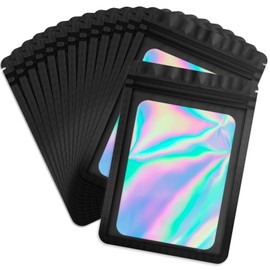 Durimoiy 100 Pack Black Zip Bags Holographic Bags Resealable Bags for Small Business with Front Window, Sample Baggies Sealable Mylar Bags for Party Favor (14 x 20 cm)