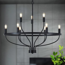 Widluth Industrial 30" Black Chandelier Vintage 9-Lights Farmhouse Candle Style Black Chandelier Light Fixture Retro Modern Black Chandelier for Dining Room, Kitchen Island, Living Room, Bedroom, E12