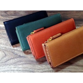 [J.cuir] 【キーケース】ビゾンテ(フルタンニンオイルヌメ革)×バレンシア(オイルシュリンク革) ファスナー小銭入れ付キーケース (オレンジブラウン×グリーン)