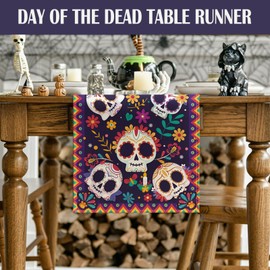 FurniGift Day of The Dead Party Table Runner, Mexican Sugar Skull Day of The Dead Home Decoration for Home Kitchen Dining Room 13x72 Inch