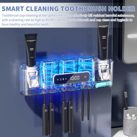 WREWING Toothbrush Holder for Bathrooms, Toothbrush Holders and 2 Toothpaste Dispenser with Smart Drying and Cleaning, Toothbrush Holder Wall-Mounted with 3 Cups 6 Toothbrush Slots (Beige)