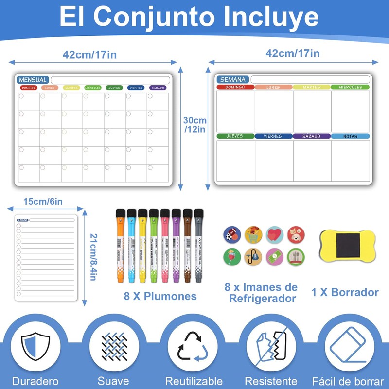 Calendario Magnético para Refrigerador en Español, 2 Planificador Mensual Semanal