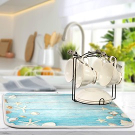 Seashells Starfish Dish Drying Mat for Kitchen Counter Super Absorbent Dish Mat Drying Kitchen Mat 16X18 inch Dish Drying Matt for Kitchen Dish Drying Mat