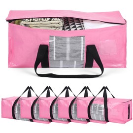 Bulyoou 6 Pack Heavy Duty Extra Large Dorm Moving Bags with Visible Window and Reinforced Handles Heavy Duty Storage Tote for Space Saving Moving Supplies Clothes College Students(Pink)