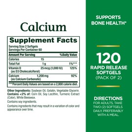Nature's Bounty Calcium 1200 mg with Vitamin D3 - Bone Health Softgels, Calcium and Vitamin D Supplement, 120 Ct (2-Pack)