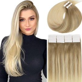 Lacer Hair Tape in Hair Extensions Human Hair Double Side Tape Seamless Skin Weft Ombre Light Brown to Platinum Blonde B#8/60 Glue in Hair Extensions Human Hair 50 Grams 20Pcs 22 Inch