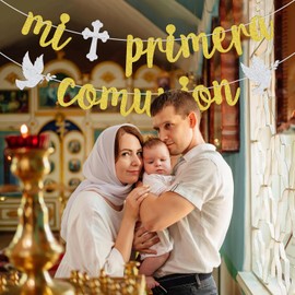 Mi Primera Comunion Banner, It's My Baptism Day, God Bless, Christening/Bridal Shower/Engagement/Baby Shower Party Decorations Gold Glitter