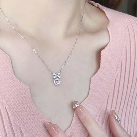 Cimenexe Bohemian Crystal Heart Choker Necklace Silver CZ Paved Bow Tie Pendant Necklace Pink Crystal Heart Collar Necklace Rhinestone Heart Bow Chain Necklace Jewellery for Women Gifts, Zinc, No