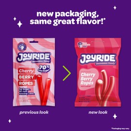 JOYRIDE Cherry Berry Ropes - 3.5 oz 6-Pack Bundle with 2.5oz Glacial Peppermint Gum, Tart Cherry Licorice, Low Calorie Candy, Low Sugar & Low Carb, Fiber Snack (7 Items)