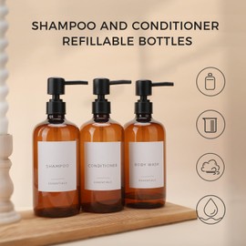 Nellyke Shampoo and Conditioner Dispenser Bottles Set, Modern Brown 21oz Refillable Shower Soap Dispenser with Black Pump, Body Wash Dispenser for Shower Bathroom Kitchen,3 Pack