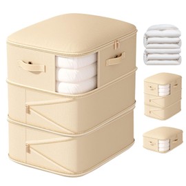 Dranup Comforter Storage Bag - Large Capacity Blanket Storage Bags 3-Layer Ultra Space Saving Self Compression Organizer, Washable Compression Bags for Storage Comforter Blanket, 1-Pack, Beige