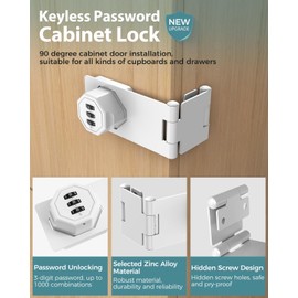 MeBantoo 90 Degree Cabinet Combination Door Lock Latch, Zinc Alloy Password Rotary Hasp Lock, Keyless Folding Latches for Office File Cabinet, Drawers, Cupboard, Small Doors, Locker (1, White)