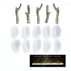 Electric Fireplace Logs for Recessed and Wall Mounted Electric Fireplace, Synthetic Resin Log Branches and Crystal Stones Decoration for Indoor Electric Fireplaces (5pcs logs + 10 Crystal Stones)