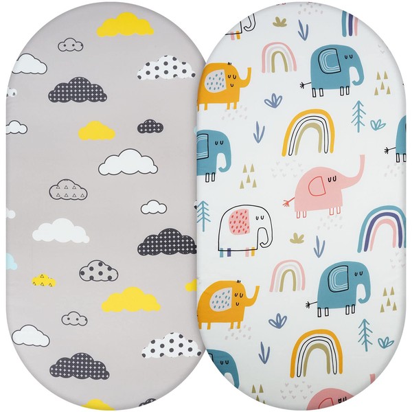 Aolso Crib Fitted Sheets, 2pcs Crib Baby Sheet Set 84x41cm, Cot Bed Sheets Baby Bassinet Sheets for Boy and Girl, Fitted Crib Sheets for Bedside Cribs, Breathable, Lightweight (Elephant/Cloud)