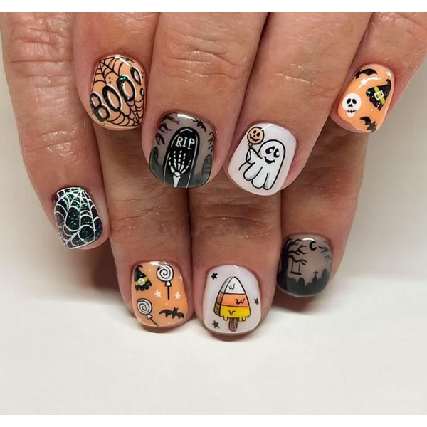 Halloween Press on Nails Short Square Cute Fake Nails Ghost