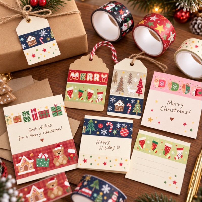 Christmas Masking Tape 12-Design Set, Gift Wrapping Journaling Decoration Deco