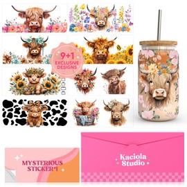 UV DTF Cup Wraps for 16 oz-9 Sheets Highland Cow Theme UV Stickers, 1 Sheet Mysterious Pattern UV DTF Transfer and Cleaning Kit, Rub on Transfers Stickers for 16 oz Libbey Glasses Crafting