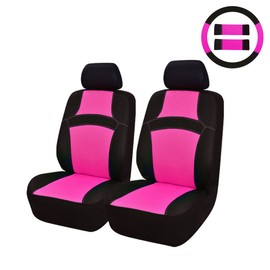 CAR PASS Rainbow Cool Universal Fit Two Front 3D Air Mesh Car Seat Cover with Steering Wheel & Blet Cover-Airbag Compatible (Front Seats only, Black- Pink)