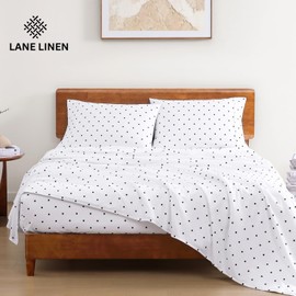 LANE LINEN 100% Organic Cotton California King Sheets Set, 4-Piece Pure Organic Cotton Long Staple Percale Weave Ultra Soft Best Bedding Sheets for Bed, Fits Mattress Upto 15" Deep - Black Polka Dot
