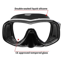 SAEKODIVE Penta Diving Mask - Panoramic Wide View, Anti-Fog Tempered Glass, Anti-Leak Silicone Skirt, Medium Face - Scuba Diving and Snorkeling Gear for Adults (Clear/Black)