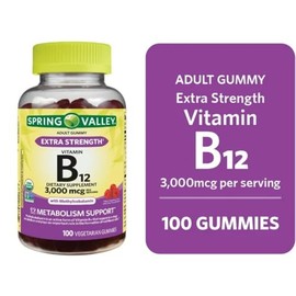 Generic Spring Valley Extra Strength Vitamin B12 Vegetarian Gummies, Raspberry Flavor, 3000mcg, 100 Count