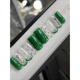 Handmade 🤍 CUSTOM Hard Gel Press On Nails, GREEN   BLING 10p FULL SET W Kit