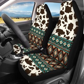 Dreaweet Aztec Seat Covers for Cars SUV Trucks,Brown Cow Print Car Seat Covers Full Set Vehicle Seat Protector Set of 4,Cute Cow Print Car Accessories for Women Interior