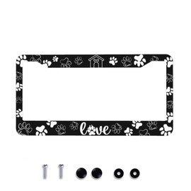 Paw Print License Plate Frame - Black White Dog Paw Print License Plate Frames Aluminum Metal Car Tag Cover with 12.3x6.3 Inch 2 Holes Decoration for US Canada Vehicles Standard Women Men Holder