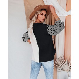 ANCAPELION Women’s Casual Pullover Sweater Winter Crew Neck Long Sleeve Jumpers Color Block Knit Leopard Grey Pullover Top Loose Fit for Ladies Medium
