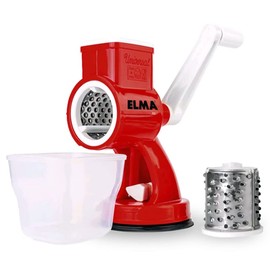 ELMA Manual Cheese Grater for Vegetables and Nuts with 2 Interchangeable Stainless Steel Blades and Food Container, Drum Grater Set, Faster and Easy Cutting, Red Colour