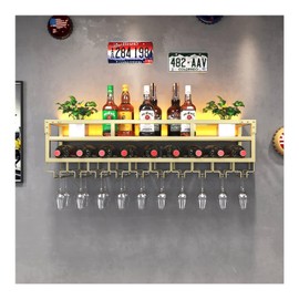 Pengfei LED Wine Rack Wall Mounted, Industrial Metal Wall Wine Shelf & Glass Holder, Large Floating Shelves Wine Bottle Storage Display Rack for Home Bar Dining Room Decor,Gold