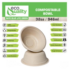 [100 Pack] 32 oz Round Disposable Compostable Paper Bowls Heavy-Duty, Eco-Friendly Natural Bagasse Unbleached, Heat Resistant, 100% Biodegradable Salad Bowls Alternative to Plastic