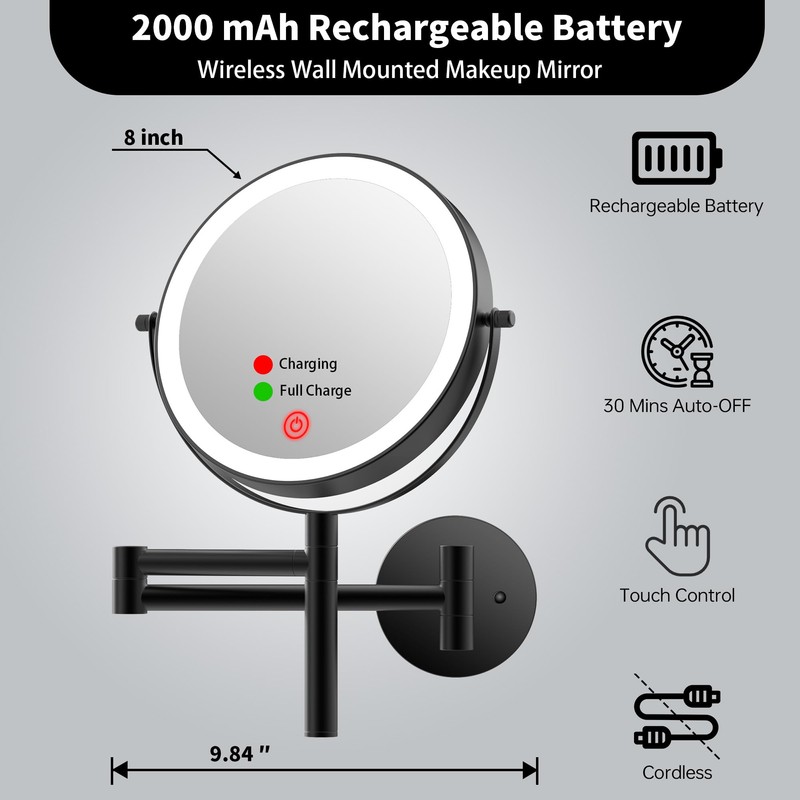 LANSI 8" Wall Mounted Makeup Mirror with Handle, 3 Color