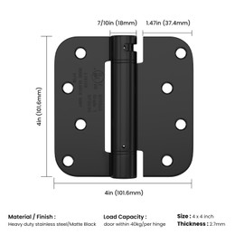 Haidms 3 Pack Self Closing Door Hinges 4 Inch Matte Black Adjustable Tension Spring Loaded Door Hinges with 5/8" Radius Corner for Exterior Interior Door