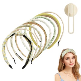 VEGCOO 8Pcs Fashion Headbands for Women Girls, Pearl Headbands for Girls, Floral Padded Cute Headbands, Elegant Plaid Headband (Green, One size)